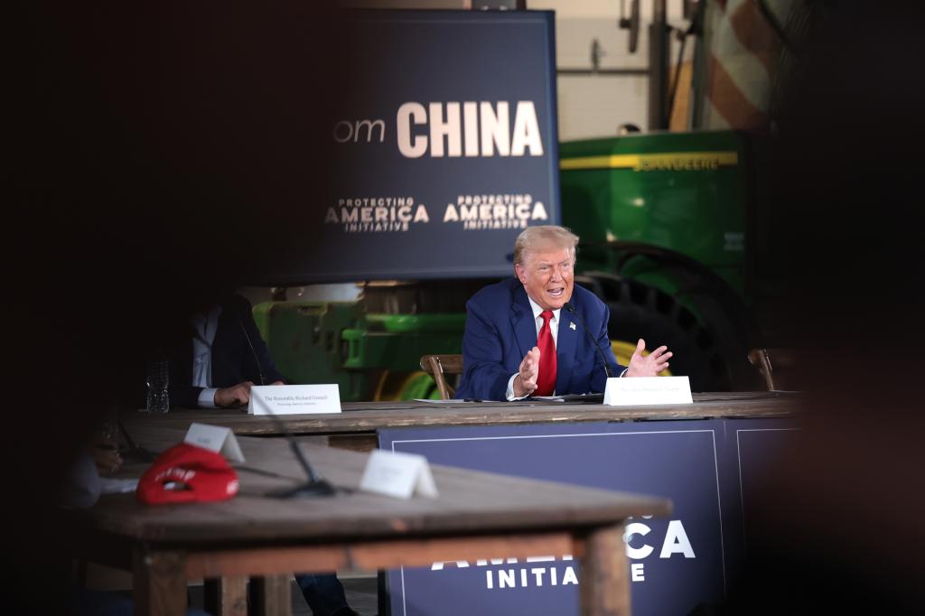 Donald Trump, speaks during a campaign stop to address Pennsylvanians who are concerned about the threat of Communist China to U.S. agriculture at the Smith Family Farm September 23, 2024 in Smithton, Pennsylvania. 