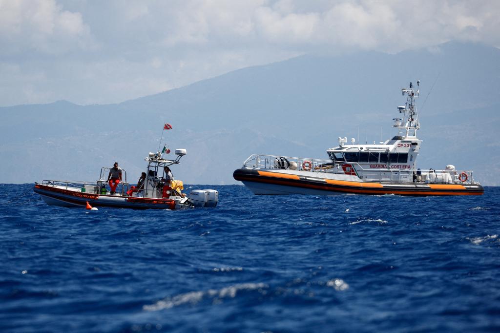 Rescue personnel operating a search for missing individuals, including British entrepreneur Mike Lynch, after a luxury yacht sank off the coast of Porticello, near Sicily, Italy