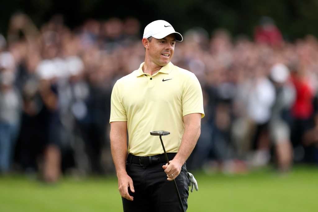 Rory McIlroy reacts to a missed putt on the 18th green during a second playoff hole at the BMW PGA Championship on Sept. 22, 2024.