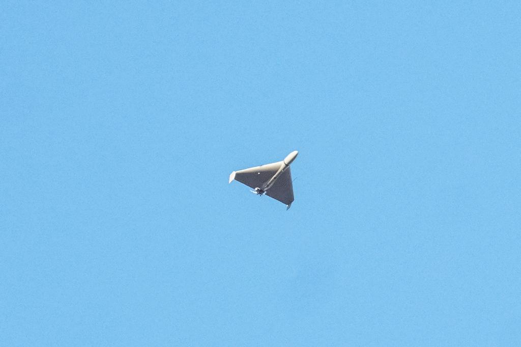 A Shahed-136 drone, believed to be Iranian, flying in the sky during a Russian strike on Kyiv, Ukraine in October 2022