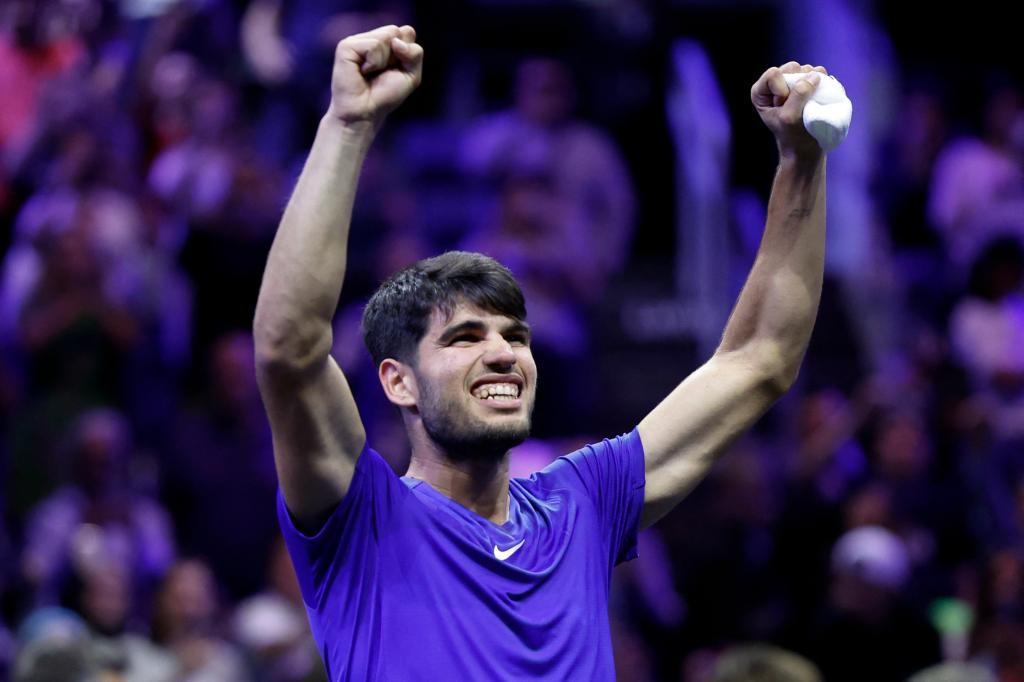 Carlos Alcaraz of Team Europe celebrates at the end of the 2024 Laver Cup tennis tournament in Berlin, Germany on Sept. 2024.