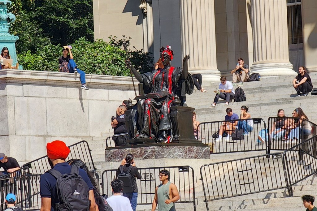 Statue splashed in red paint. Tuesday, September 3, 2024.