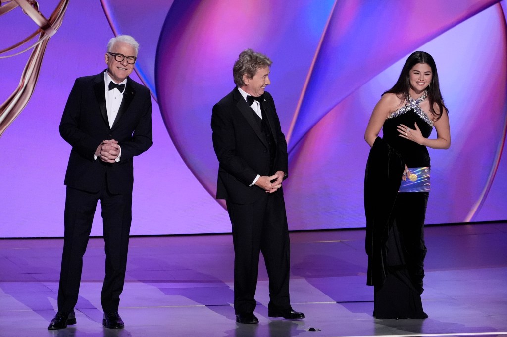 Steve Martin, from left, Martin Short, and Selena Gomez present the award for outstanding supporting actor in a comedy series during the 76th Primetime Emmy Awards on Sunday, Sept. 15, 2024, at the Peacock Theater in Los Angeles.