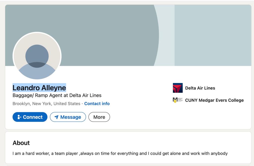 A photo of Leandro Alleyne's LinkedIn page which states he is a ramp agent for Delta.