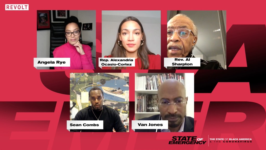 Collage of celebrities including Van Jones, Al Sharpton, Angela Rye, Sean Combs, and Nelson Mandela participating in Diddy's 'Black America & Coronavirus' Town Hall in 2020