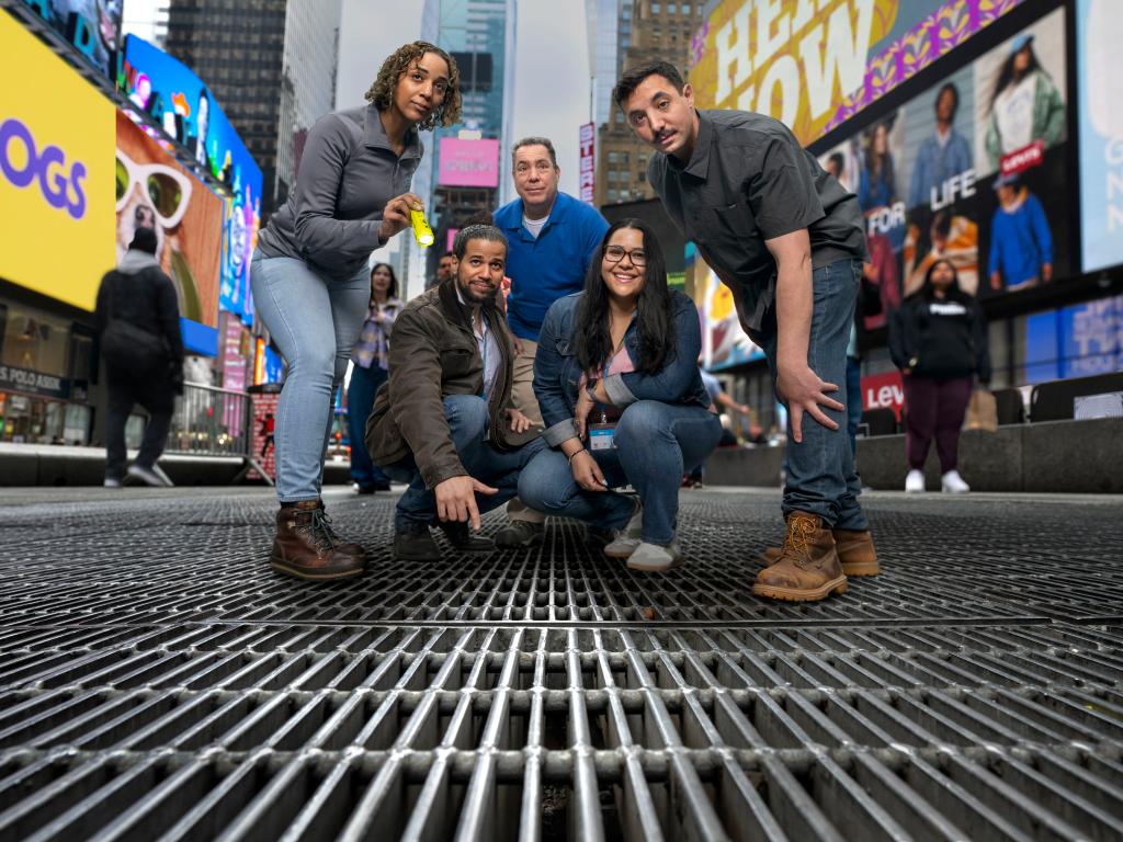 Steam crew that helped retrievr an engagement ring that was dropped through grates in Times Square on May 13, 2024 pose.