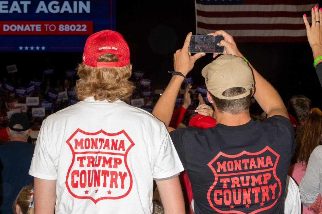 Supporters of former US President and Republican presidential candidate Donald Trump attend an election campaign rally in Bozeman, Montana, on August 9, 2024.