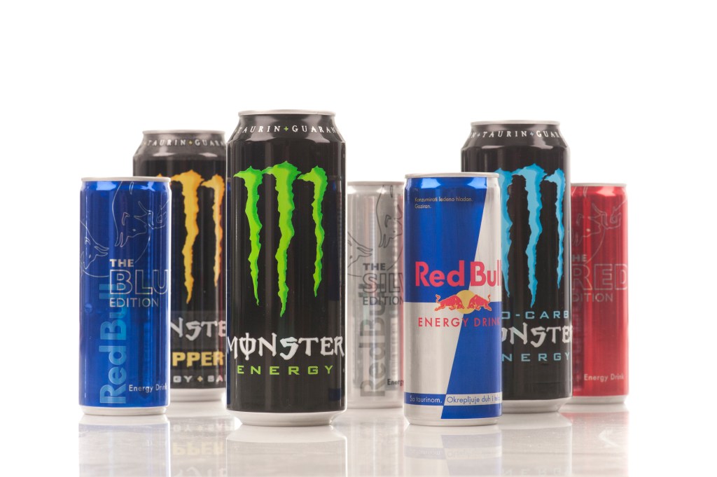 Assortment of Red Bull and Monster energy drinks in various flavors, photographed in Belgrade, Serbia in July 2012