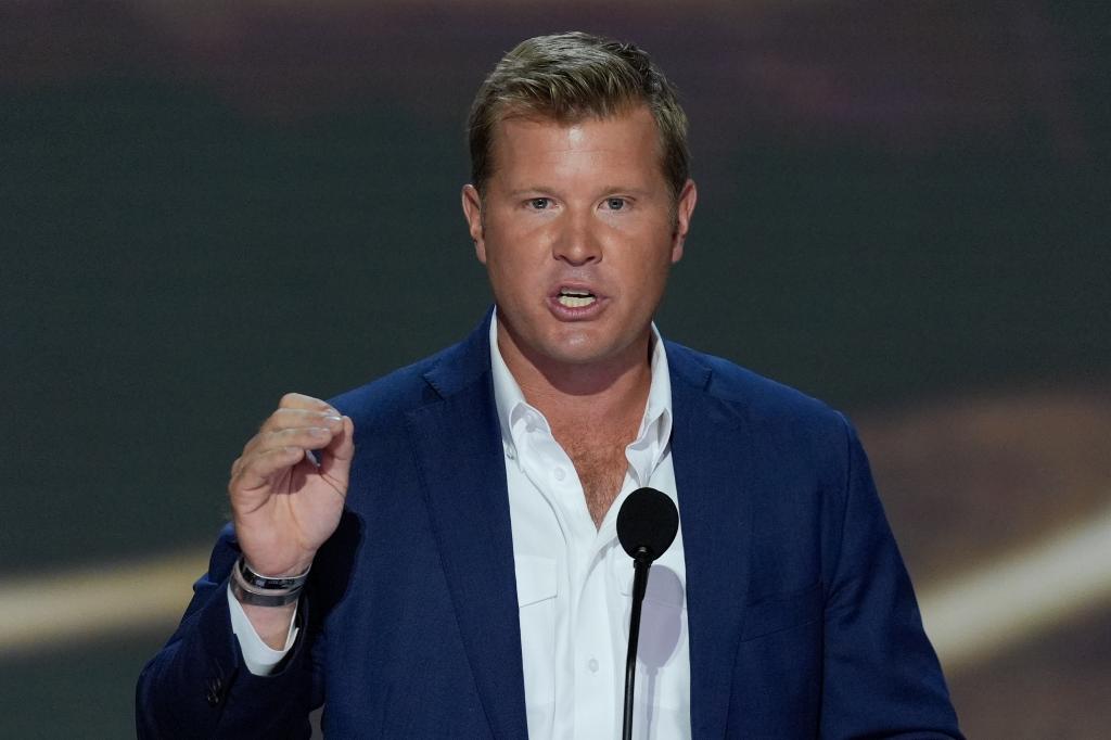 Tim Sheehy speaking during the second day of the Republican National Convention Tuesday, July 16, 2024, in Milwaukee.