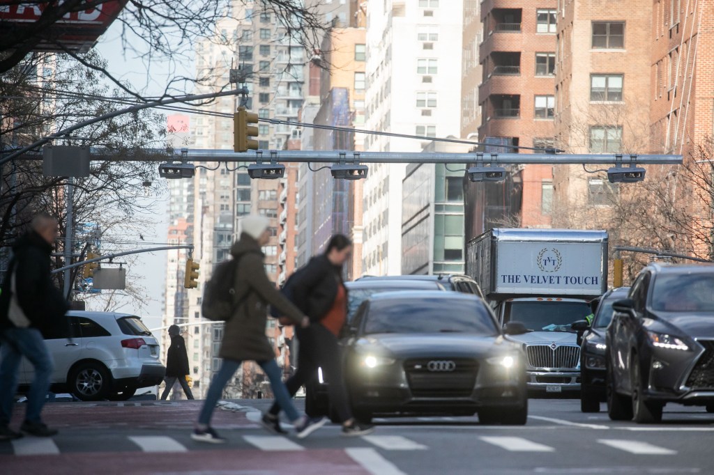 Toll readers over 2nd Avenue in New York City for congestion pricing zone.