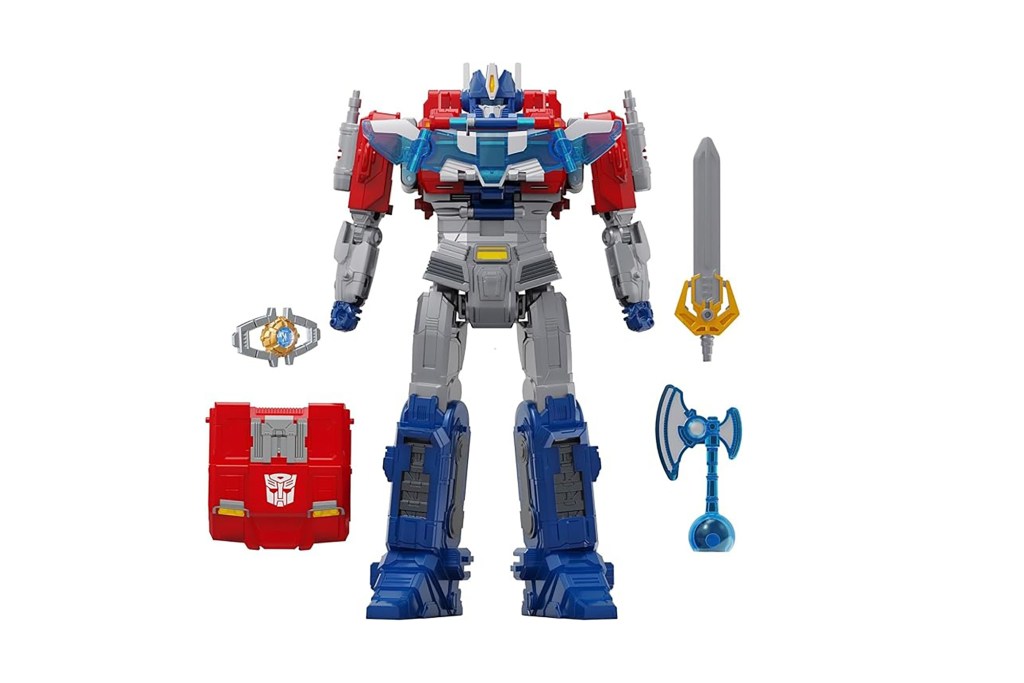 A toy robot holding a sword and a weapon