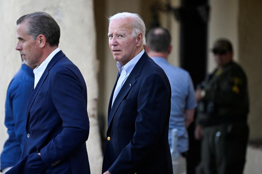 U.S. President Joe Biden and his son Hunter Biden leaving Old Mission Santa Ines Catholic Church in Solvang, California on August 24, 2024