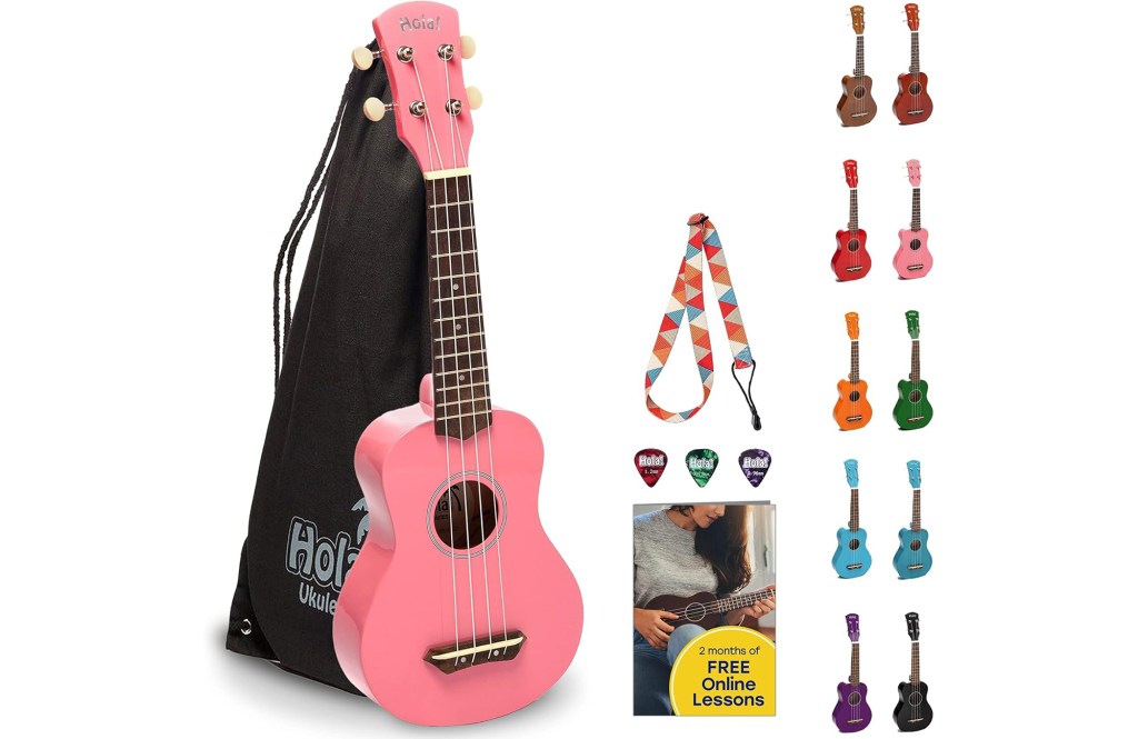 Hola! Music HM-21PK Soprano Ukulele Bundle with Canvas Tote Bag, Strap and Picks, Color Series, Pink