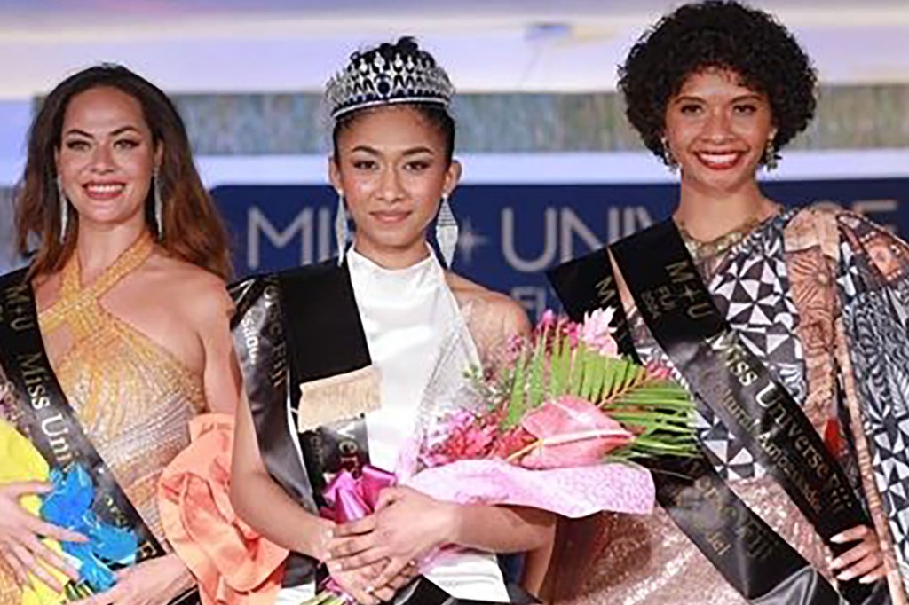 Manshika Prasad is pictured center after being crowned Miss Universe Fiji on Aug. 30. Runner-up Nadine Roberts (left) was named the actual winner two days later.