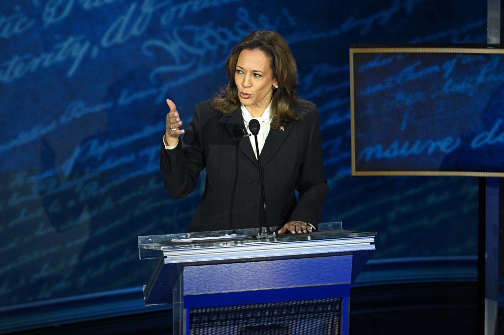 US Vice President Kamala Harris speaking at a presidential debate with former President Donald Trump at the National Constitution Center.