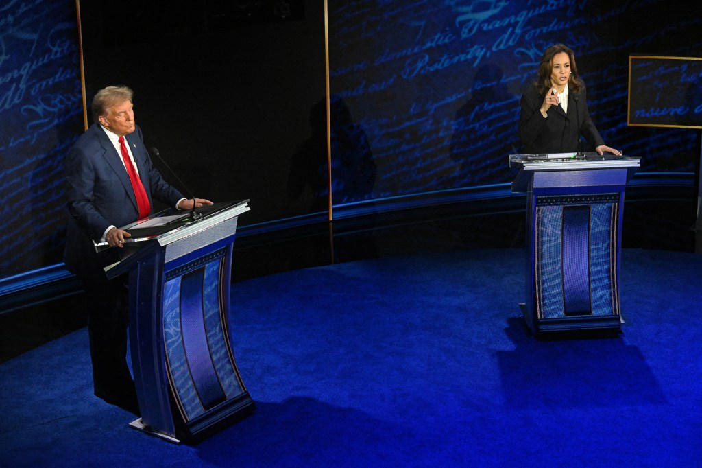 Former President Donald Trump and Vice President Kamala Harris on stage at the presidential debate in Philadelphia on Sept. 10, 2024.