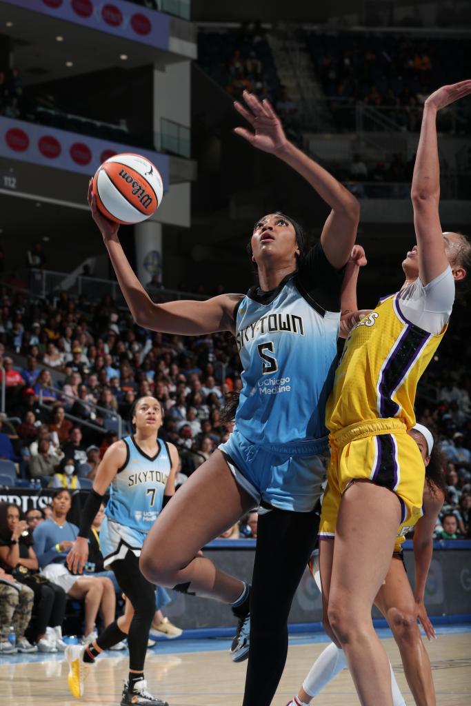 Angel Reese #5 of the Chicago Sky drives to the basket during the game against the Los Angeles Sparks on September 6, 2024 at the Wintrust Arena in Chicago, IL.  