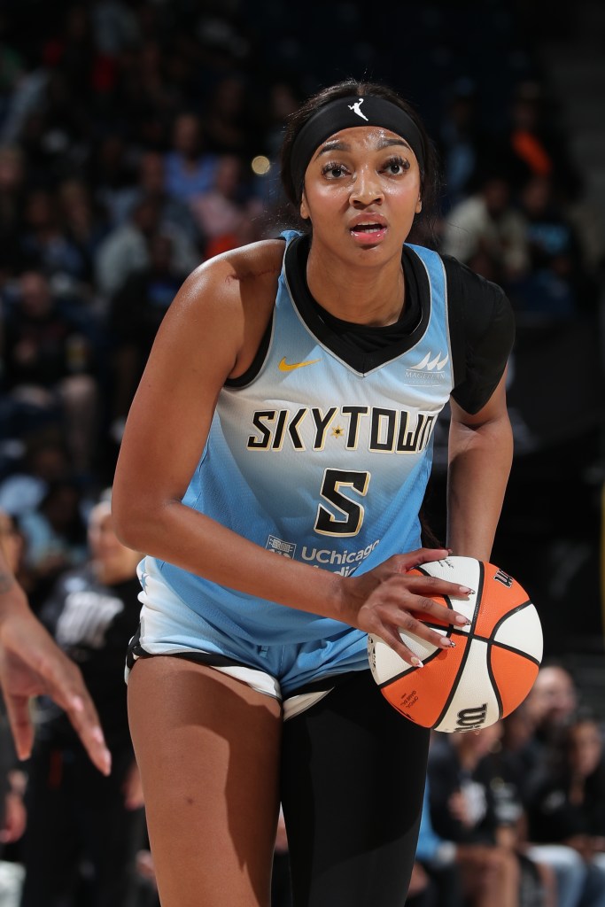 Angel Reese #5 of the Chicago Sky handles the ball during the game against the Los Angeles Sparks on September 6, 2024 at the Wintrust Arena in Chicago, IL.  