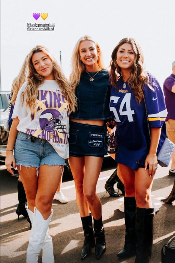 (L-R_ Tianna Robillard, Whitney Risner, and Keely Grugier-Hill at the Vikings-49ers game at U.S. Bank Stadium in Minnesota on Sept. 15, 2024. 