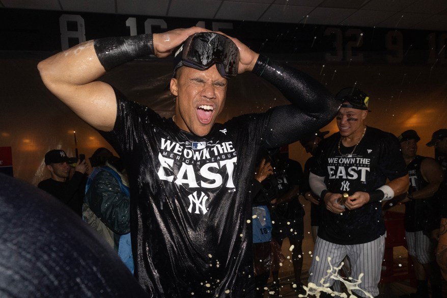 Juan Soto celebrates following the Yankees' win on Sept. 26.