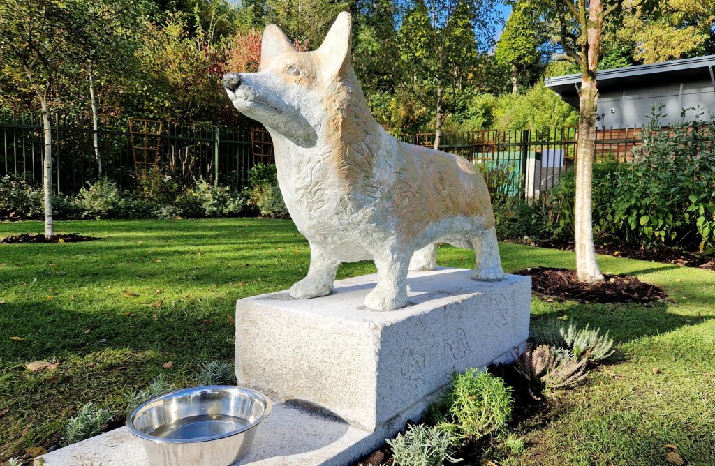 Two stone corgi sculptures unveiled at Walsall Arboretum Visitor Centre in tribute to Queen Elizabeth II