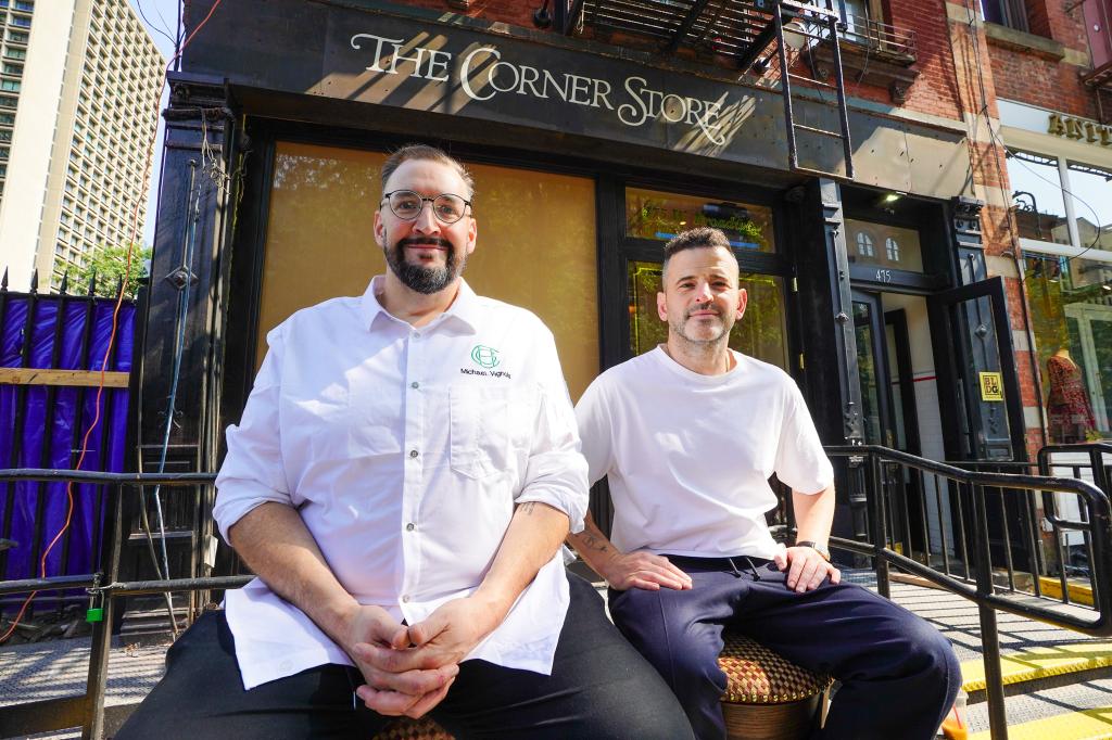 Executive chef Michael Vignolia and owner Eugene Remm standing in front of their under construction restaurant, The Corner Store, located in SOHO at 475 W Broadway, Manhattan.