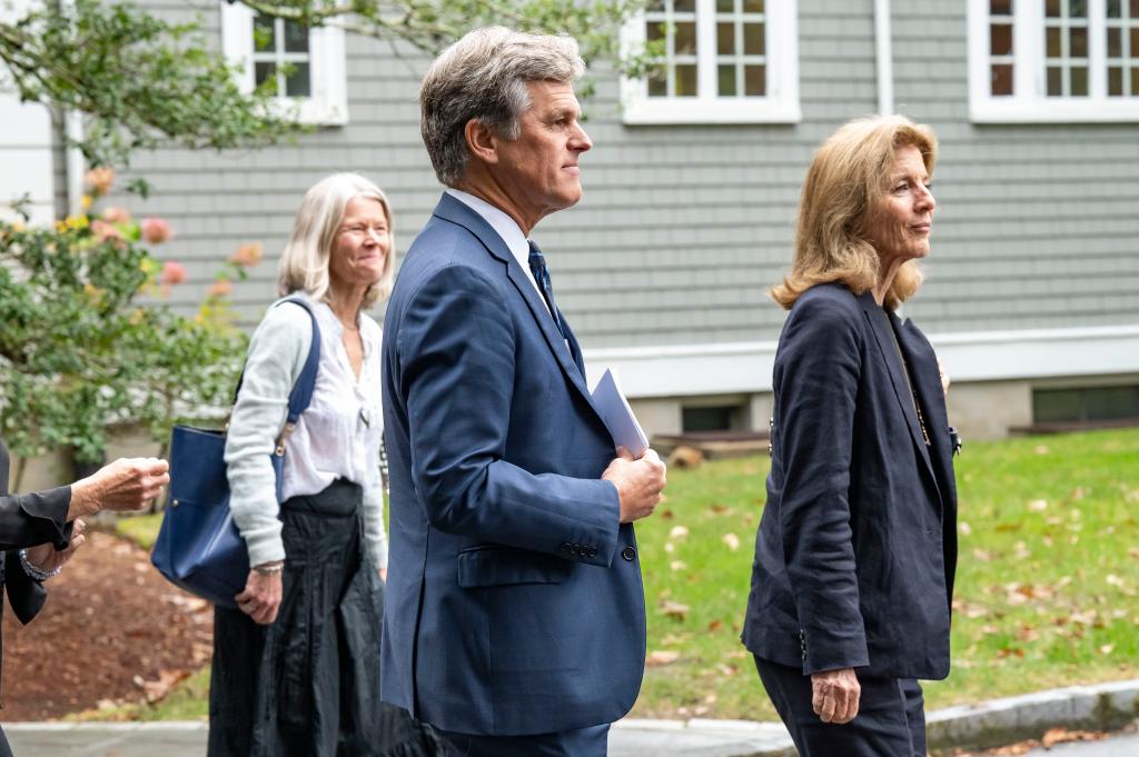 Timothy Shriver, Caroline Kennedy, and Madeleine van Toorenburg at Ethel Skakel Kennedy's funeral at Our Lady of Victory, Centerville, MA.