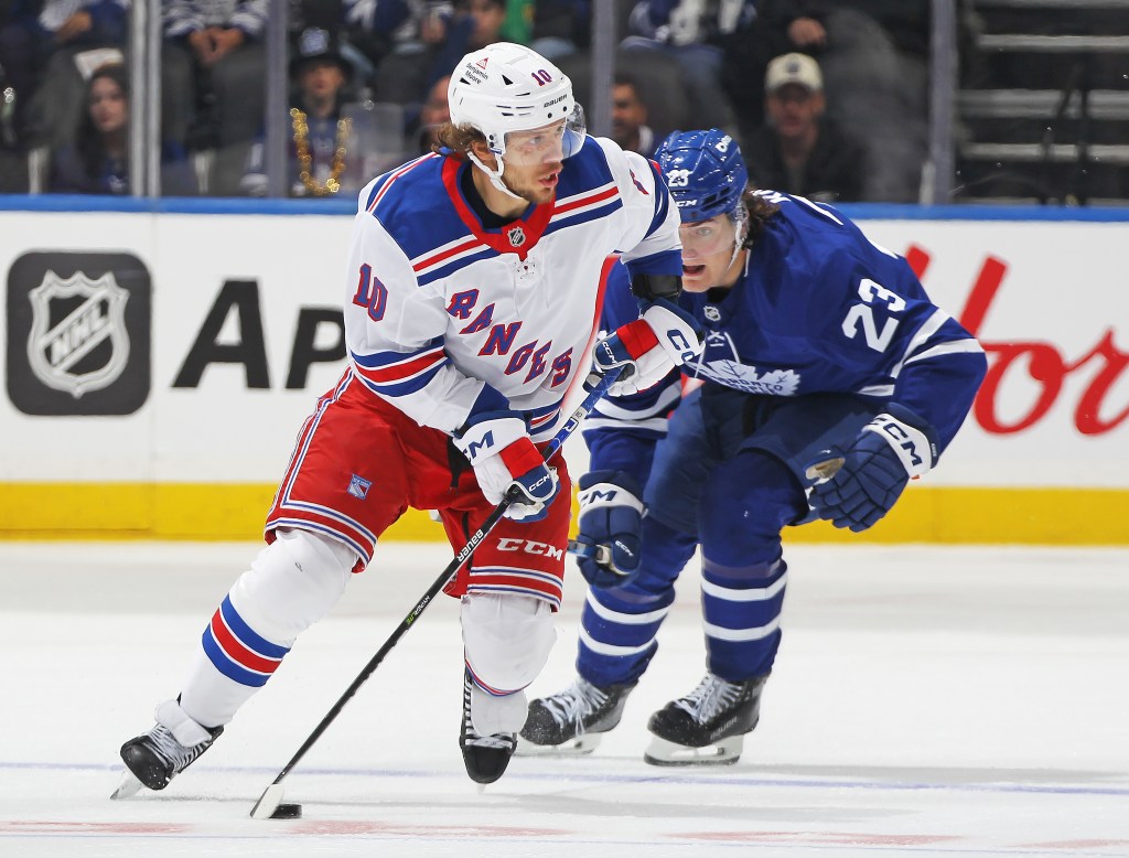 Oct 19, 2024; Toronto, Ontario, CAN; New York Rangers goaltender Igor Shesterkin (31) celebrates with defenseman Victor Mancini (90) after defeating the Toronto Maple Leafs at Scotiabank Arena. Mandatory Credit: Nick Turchiaro-Imagn Images
NHL: New York Rangers at Toronto Maple Leafs