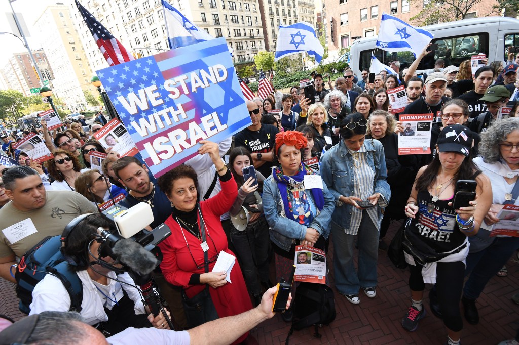 Israel supporters gather outside Columbia University in NYC.