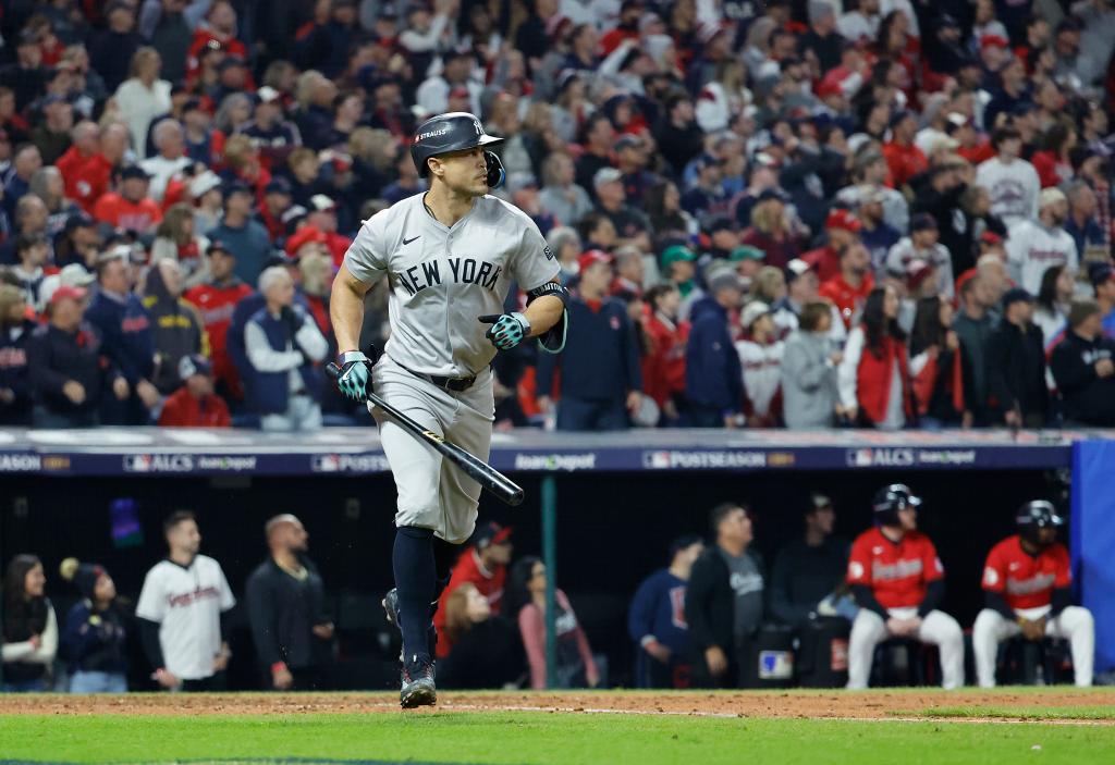 Giancarlo Stanton watches his two-run home run during the 6th inning of Game 5. 