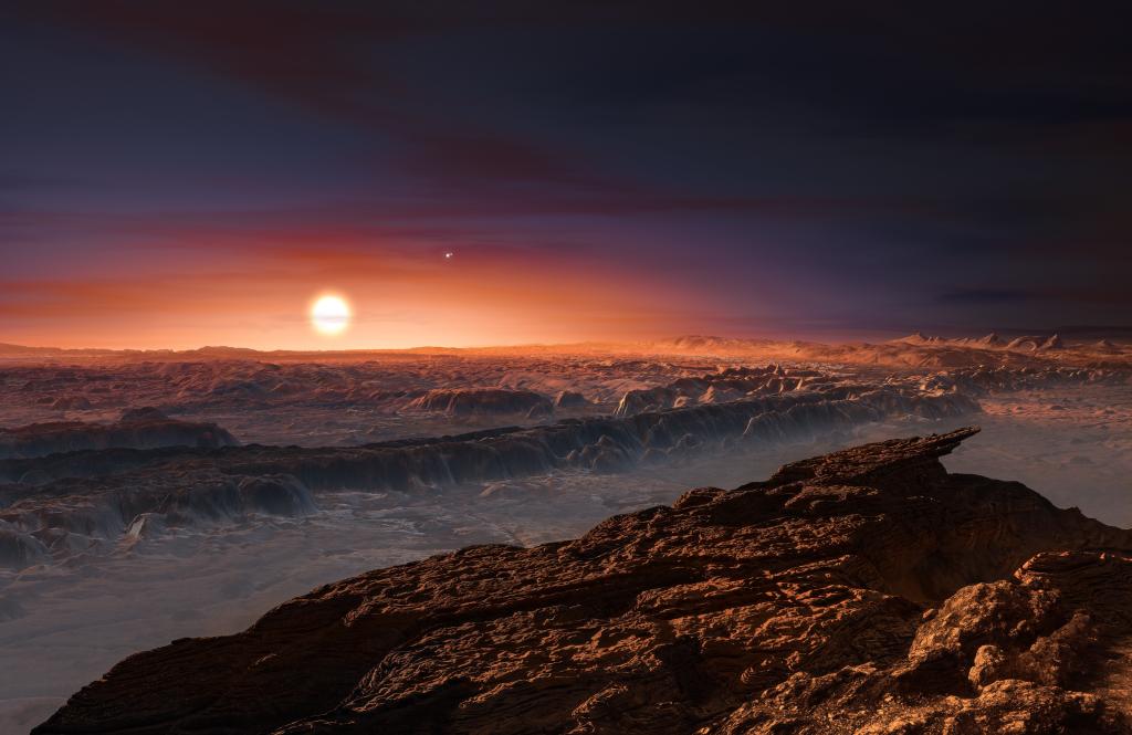 Artist rendering of the planet Proxima b surface with the red dwarf star Proxima Centauri and Alpha Centauri AB in the sky