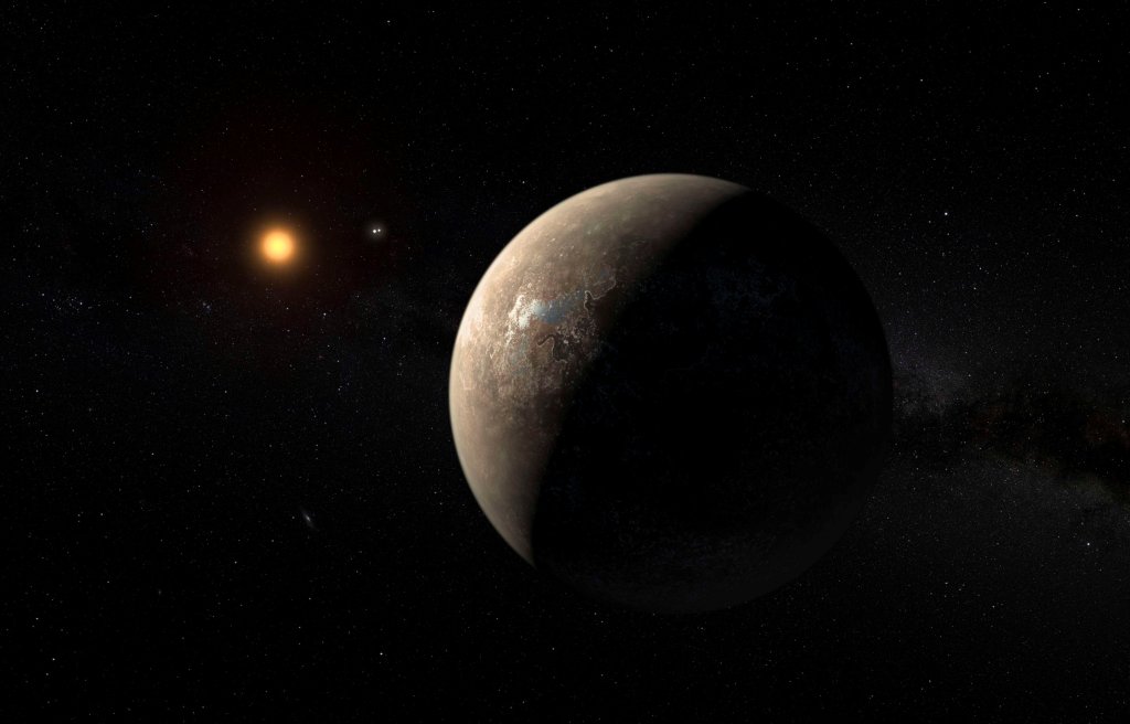 Artist's impression of Proxima b, planet orbiting the red dwarf star Proxima Centauri, closest star to our Solar System.