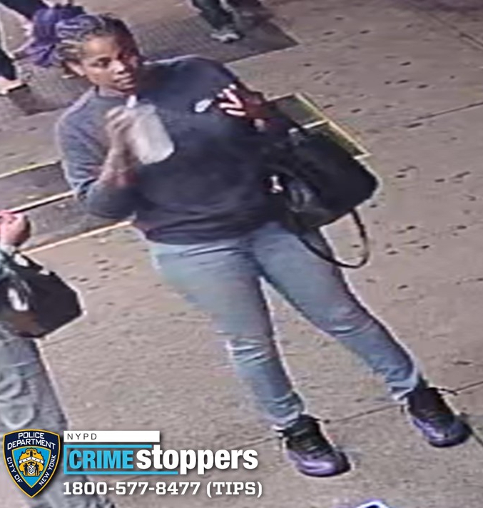 The female suspect with purple braids and was last seen wearing light-colored pants, a dark colored sweater, and purple-and-black sneakers, cops said. 