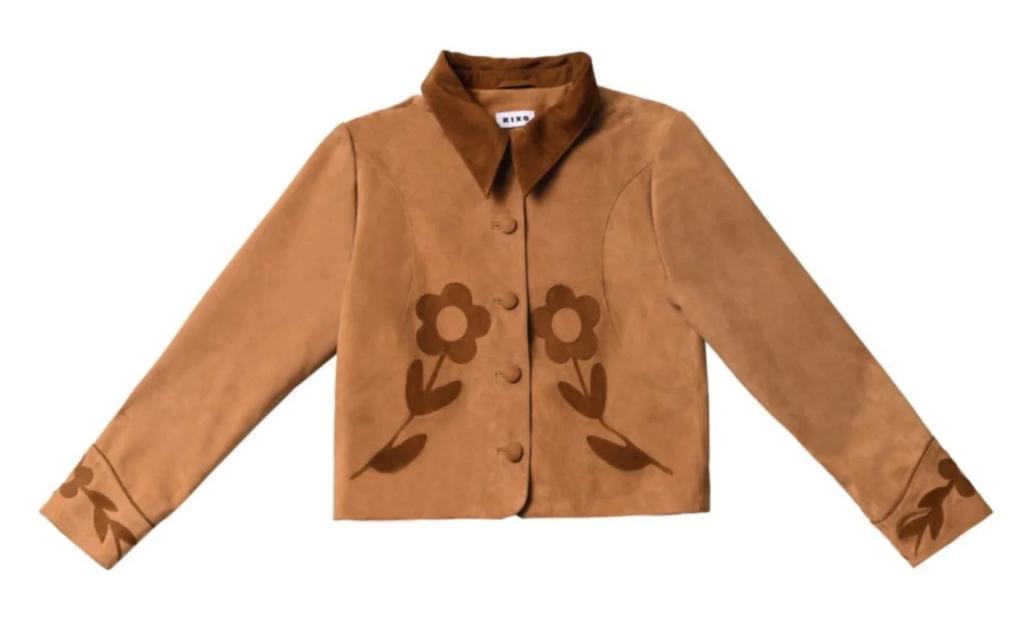 A brown suede applique jacket with floral design from Rixo, popular apparel in autumn-winter fashion