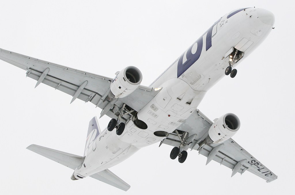 A Boeing 767 of Polish Airlines LOT landing at the Frederic Chopin airport in Warsaw, Poland