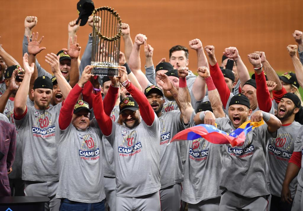 The Washington Nationals celebrate as the Nationals win the 2019 World Series defeating the Houston Astros in game 7 at Minute Maid Park in Houston on Tuesday, October 30, 2019. This is the first time in franchise history the Nationals have won the World Series. 