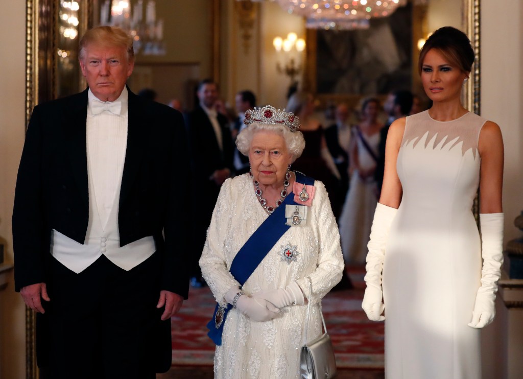 Queen Elizabeth II posing for a photo with U.S. President Donald Trump and First Lady Melania Trump at Buckingham Palace during state visit