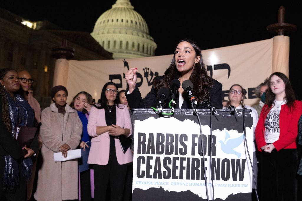 Ocasio-Cortez speaking at an event calling for a cease fire in Gaza on Nov. 13, 2023.