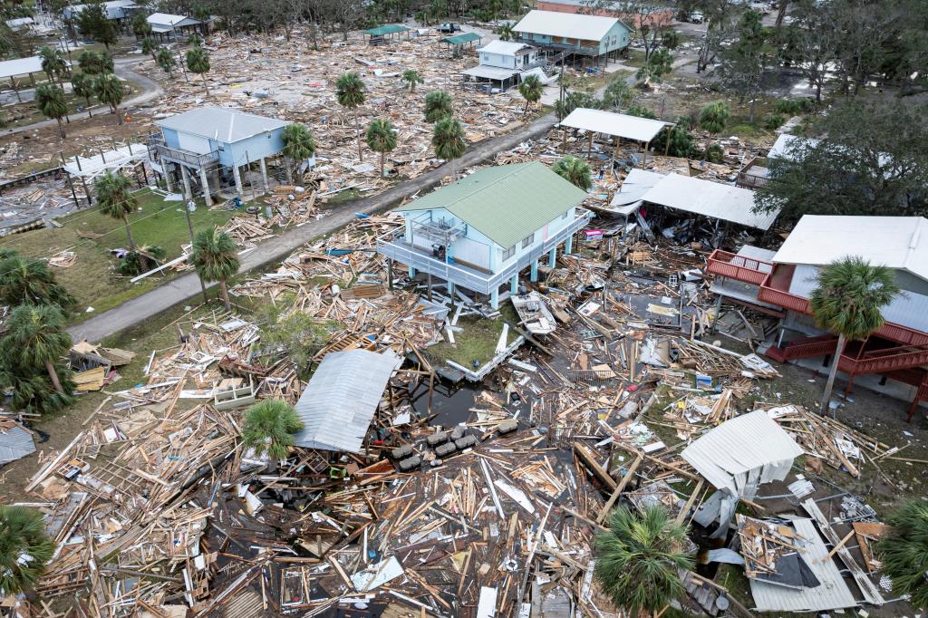 A drone view shows a flooded and damaged area following Hurricane Helene in Horseshoe Beach, Florida, U.S., September 28, 2024. 
