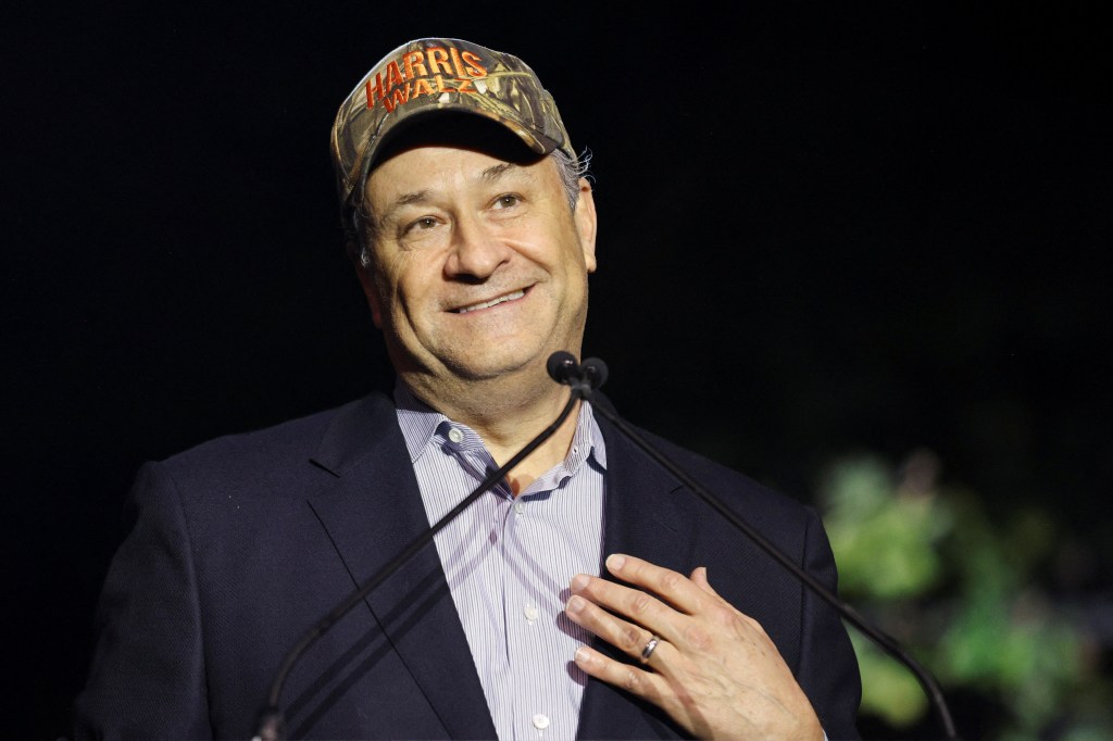 U.S. Second Gentleman Doug Emhoff speaking at a Get Out The Vote event in Pittsburgh, Pennsylvania, campaigning for Democratic presidential nominee Kamala Harris