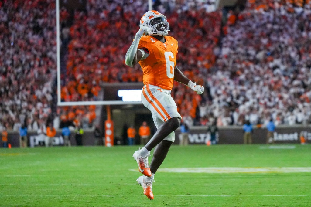 Tennessee Volunteers running back Dylan Sampson (6) celebrates after making a touchdown against the Florida Gators at Neyland Stadium. 