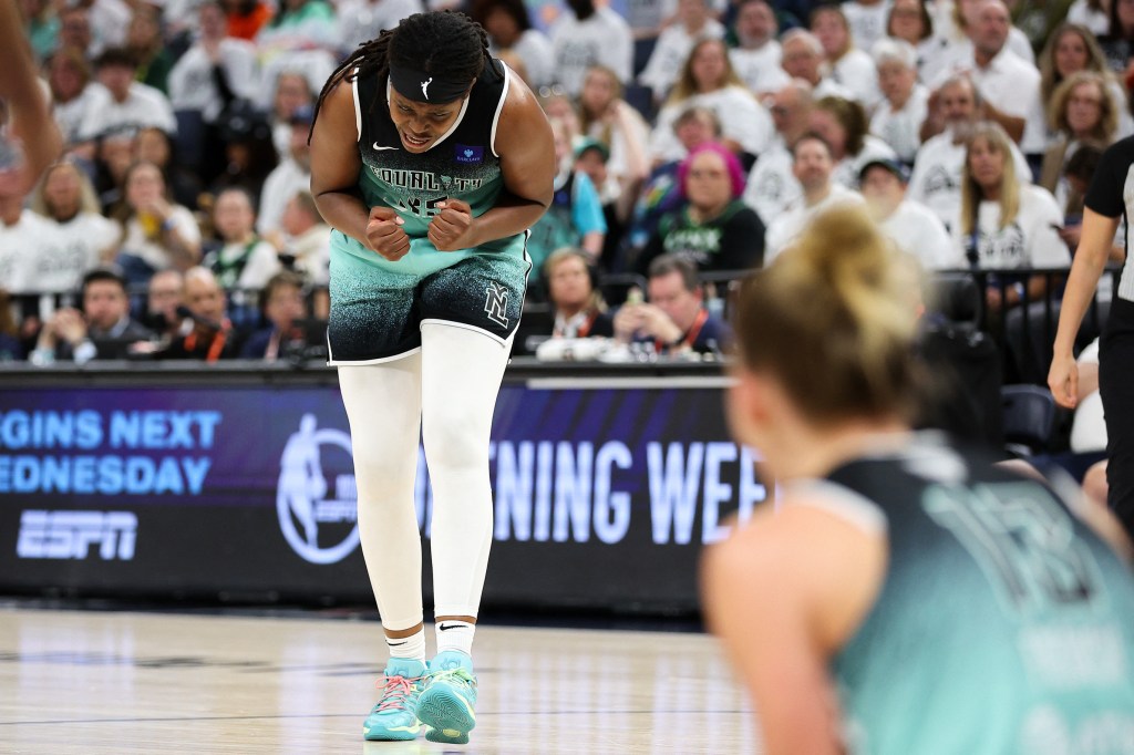 New York Liberty forward Jonquel Jones (35) celebrates during the second half of game four of the 2024 WNBA Finals against the Minnesota Lynx at Target Center. 