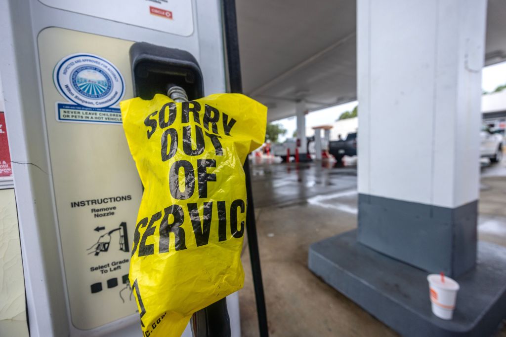 An "out of service" sign at a gas pump in Bonita Beach, Florida on Oct. 8, 2024.