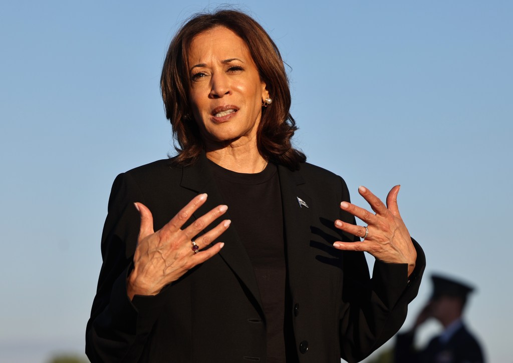 Kamala Harris speaks to the media before boarding Air Force Two after assessing the Hurricane Helene recovery response in North Carolina on October 5, 2024 in Charlotte, North Carolina. 