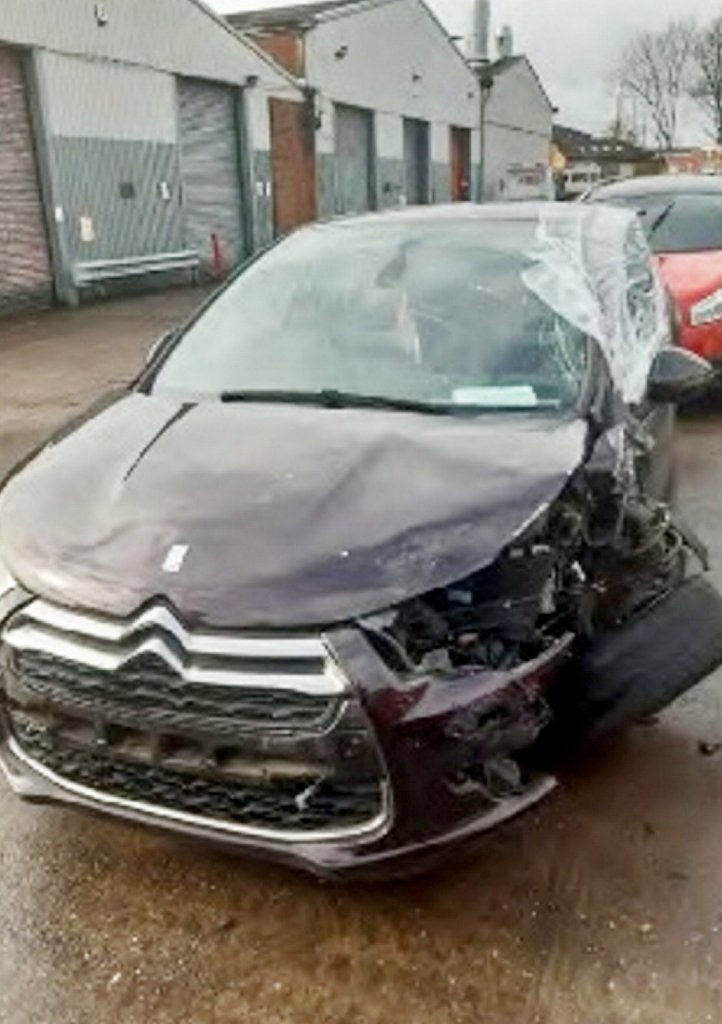 Damaged car in a city street that Declan Muers crashed into while speeding and over the drink-drive limit in Nottingham city centre