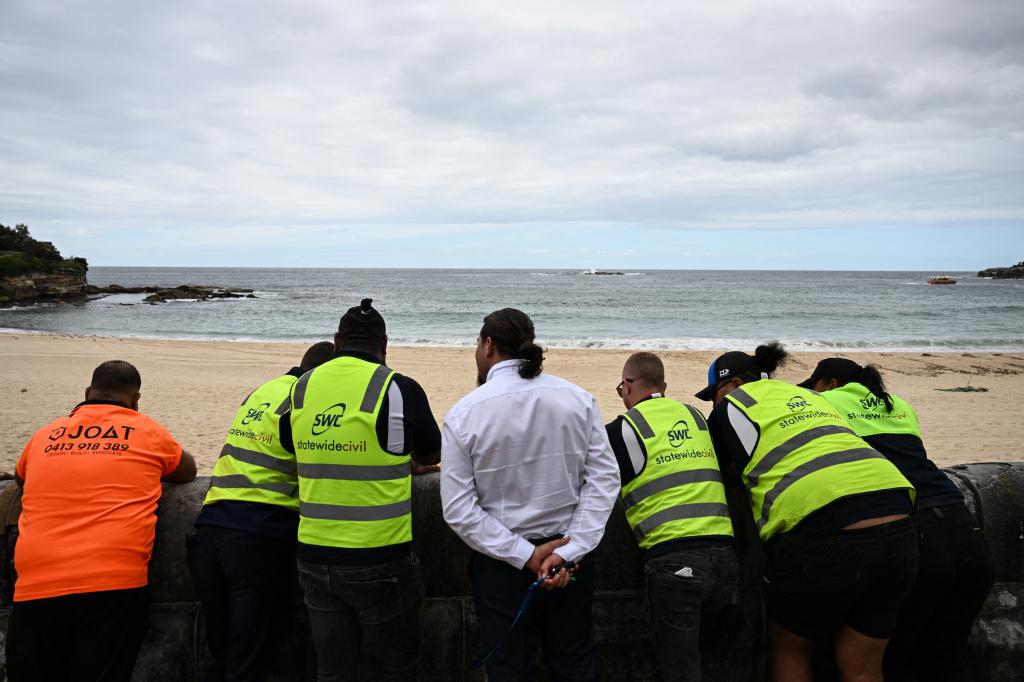 Experts gather to monitor the cleaning process after authorities closed down Coogee Beach to the public in Sydney on October 16, 2024. 