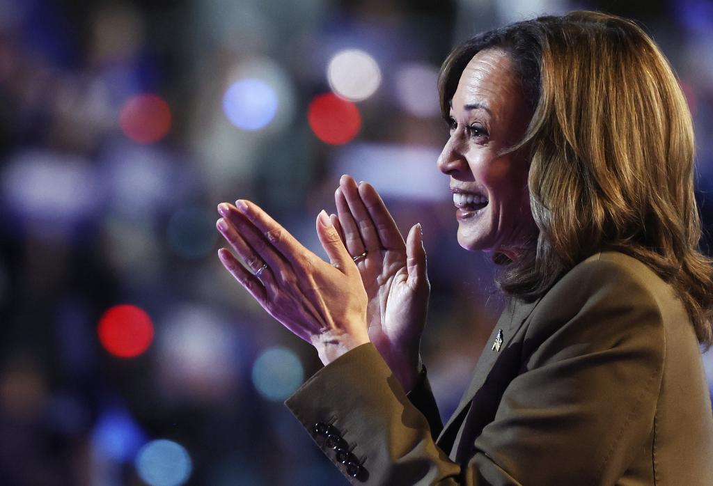 Democratic presidential nominee, Vice President Kamala Harris applauds after speaking during a campaign rally at the Expo at World Market Center on September 29, 2024 in Las Vegas, Nevada. 