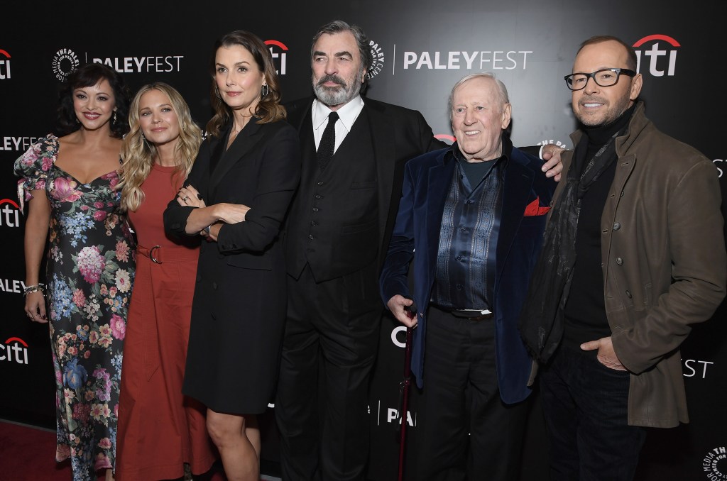 (L-R) Marisa Ramirez, Vanessa Ray, Bridget Moynahan, Tom Selleck, Len Cariou and Donnie Wahlberg attend "Blue Bloods" during PaleyFest 2024.