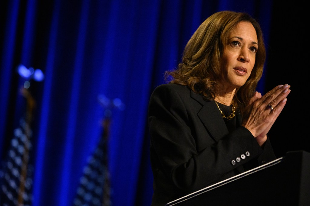 US Vice President and Democratic nominee for President Kamala Harris delivering a speech at The Economic Club of Pittsburgh at Carnegie Mellon University