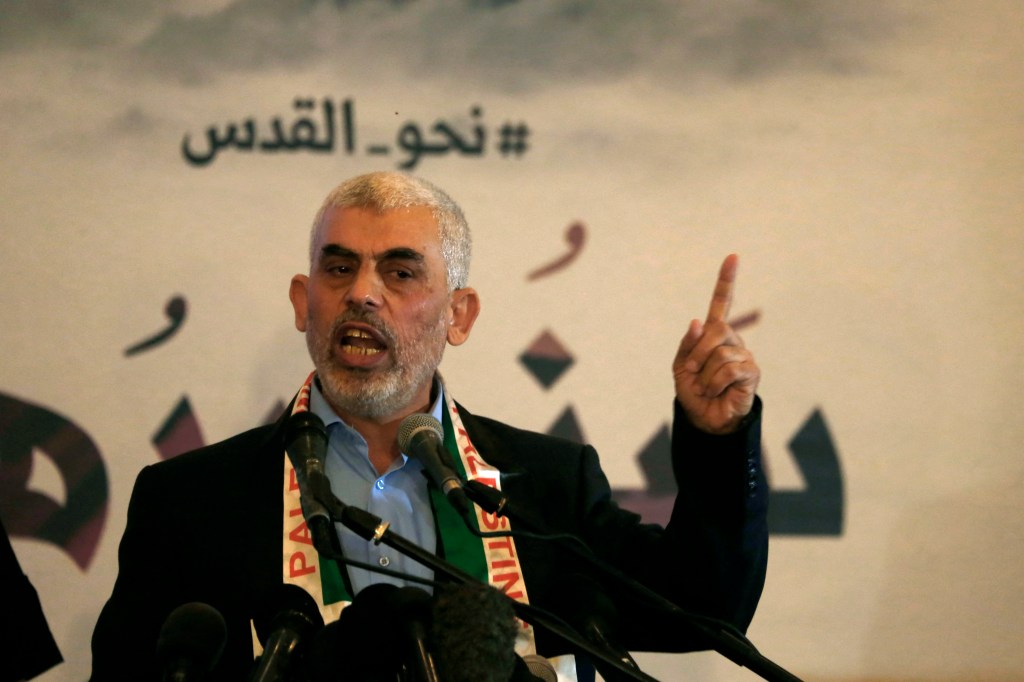 Hamas' leader in the Gaza Strip Yahya Sinwar speaks during a press conference for Quds (Jerusalem) day in Gaza City on 30 May 2019. 